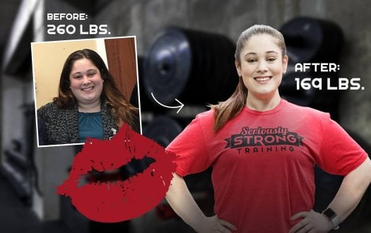 Jennifer's before-and-after transformation photo, 260 lbs to 169 lbs, Seriously Strong Training success story