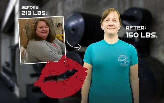 Kimberly's before-and-after transformation photo, 219 lbs to 150 lbs, Seriously Strong Training success story