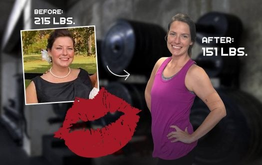 Megan's before-and-after transformation photo, 215 lbs to 151 lbs, Seriously Strong Training success story