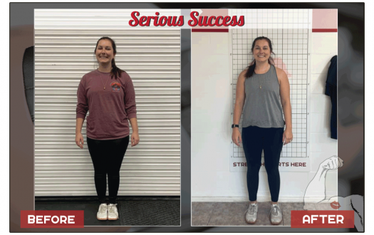 Maria's before-and-after weight loss transformation photo from a Seriously Strong Training success story