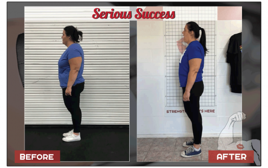 Veronica's before-and-after weight loss transformation photo from a Seriously Strong Training success story