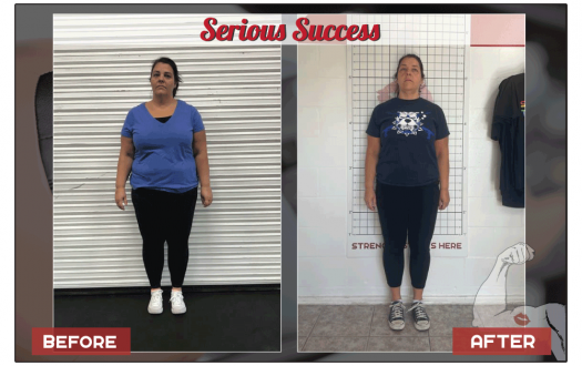 Veronica's before-and-after weight loss transformation photo from a Seriously Strong Training success story