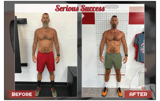 Doug's before-and-after weight loss transformation photo from a Seriously Strong Training success story