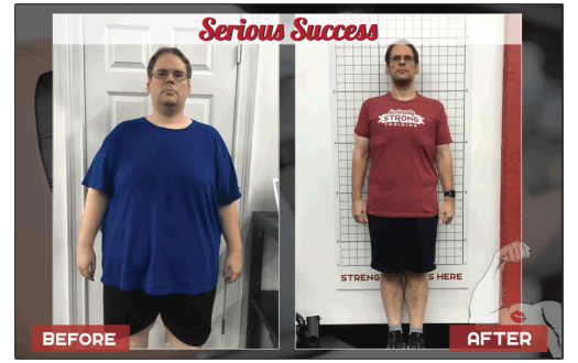 Joseph's before-and-after weight loss transformation photo from a Seriously Strong Training success story